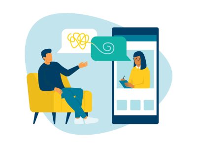 Man talking with a professional psychologist online using his smartphone, online therapy concept